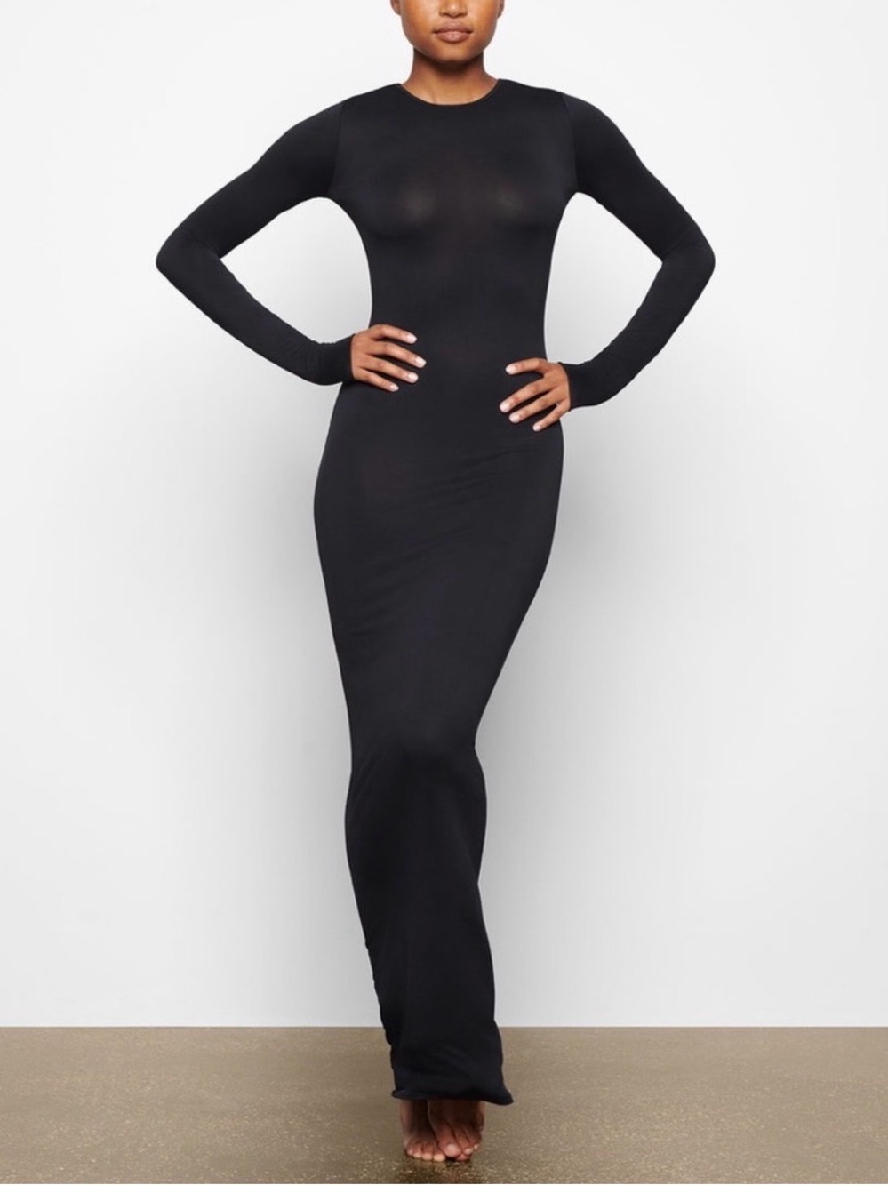 SKIMS Smooth Lounge Crew Neck Long Sleeve Dress AP-DRS-2046 Onyx Black Size XS - Picture 3 of 9